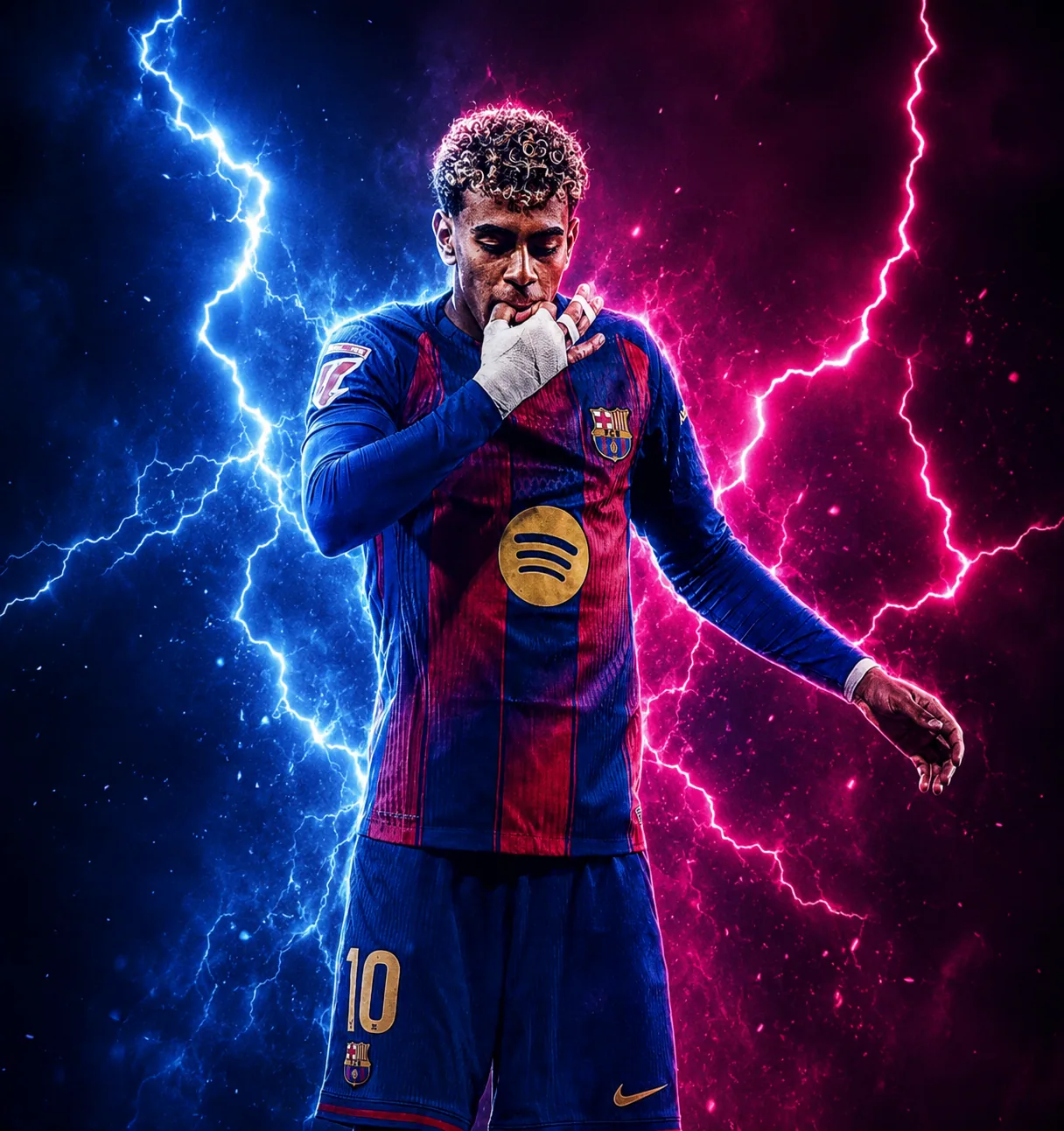 Joueur en maillot domicile du FC Barcelone sur fond d'éclairs – maillots du moment