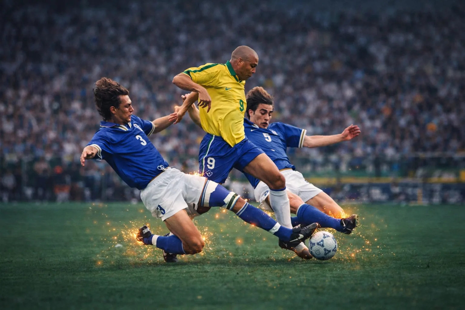 Légendes du football en maillots rétros, en pleine action sous les projecteurs du stade – collection Les maillots rétros